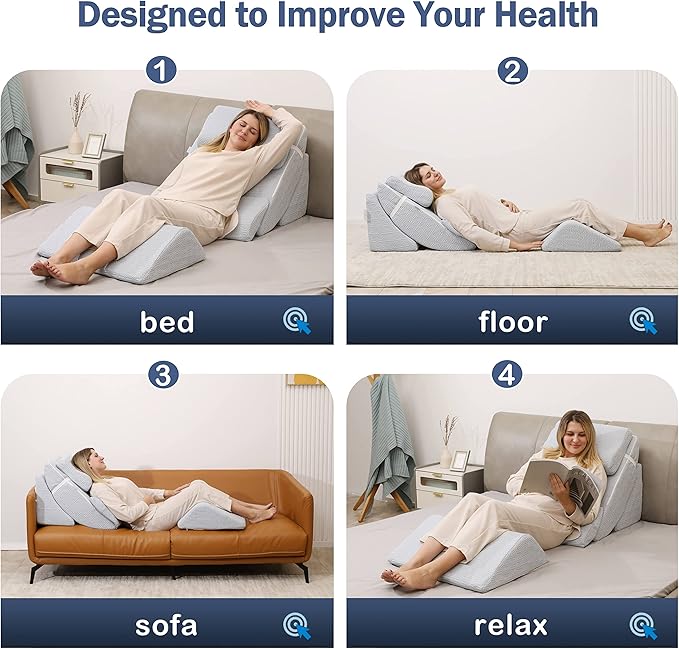 Betterhood 5pcs Orthopedic Bed Wedge Pillow Set, Adjustable Memory Foam, Post Surgery Foam for Back Neck & Leg Pain Relief Support, Acid Reflux, Snoring Reading, Sleeping, Sitting up, Blue