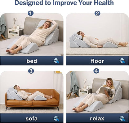 Betterhood 5pcs Orthopedic Bed Wedge Pillow Set, Adjustable Memory Foam, Post Surgery Foam for Back Neck & Leg Pain Relief Support, Acid Reflux, Snoring Reading, Sleeping, Sitting up, Blue