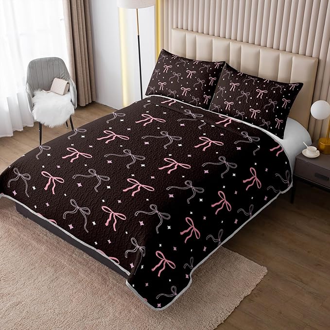 QOOMO Bow Quilt Set King Size,Bowknot Bedspread Coverlet Set,Kawaii Bow 3Pcs Bedding Set Printed Quilt with 2 Pillowcases,Soft and Lightweight,for All Seasons