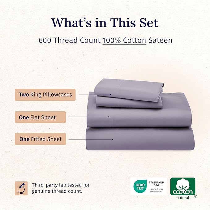 California Design Den California King Sheet Set - 100% Cotton, 600 Thread Count Deep Pocket Cal King Sheet Set, Luxury Soft Hotel-Quality Sheets Sateen Weave - Lavender