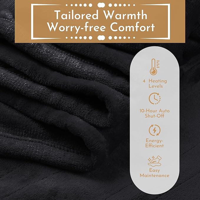 Electric Heated Blanket 72"x84" Full Size Microplush Cover Blanket 5 Heat Settings & 10 Hours Auto Off, Cozy & Warm for All Night, Machine Washable, Black