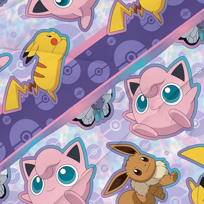 Northwest Pokemon Twin Sized Bed in a Bag Set, Pikachu Eevee Jigglypuff, Anime Bedding for Kids Boys Girls, Friendly Battle