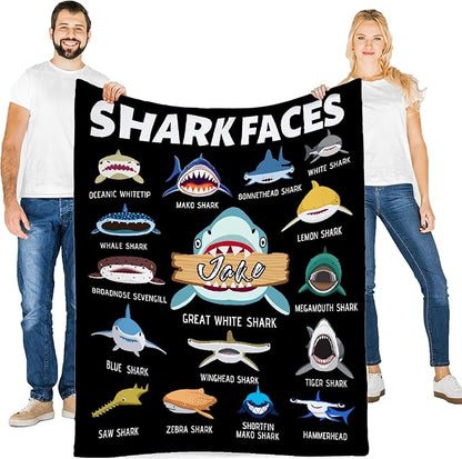Custom Shark Faces Blankets Gifts for Birthday Son Daughter Brother Friends On Bed Sofa,Personalized Premium Flannel Blankets for Christmas Thanksgiving, All Season Use 40''x 50'' -S
