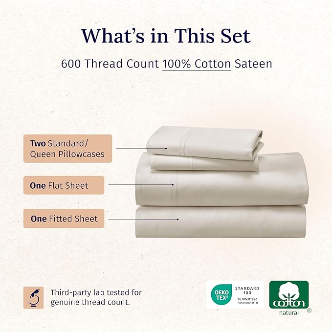 California Design Den - Luxury Full Size Sheet Set - 100% Cotton, 600 Thread Count Deep Pocket Full Size Bed Sheets, Cooling Hotel-Quality Sheets with Sateen Weave - Ivory (Warm Cream)