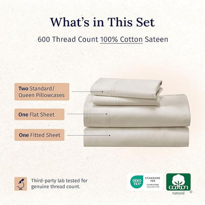 California Design Den Queen Size Sheet Set - Luxury 600 Thread Count Sateen, 100% Cotton Sheets, Deep Pockets, All Around Elastic for a Snug Fit, Hotel Quality Bedding Set - Ivory (Warm Cream)