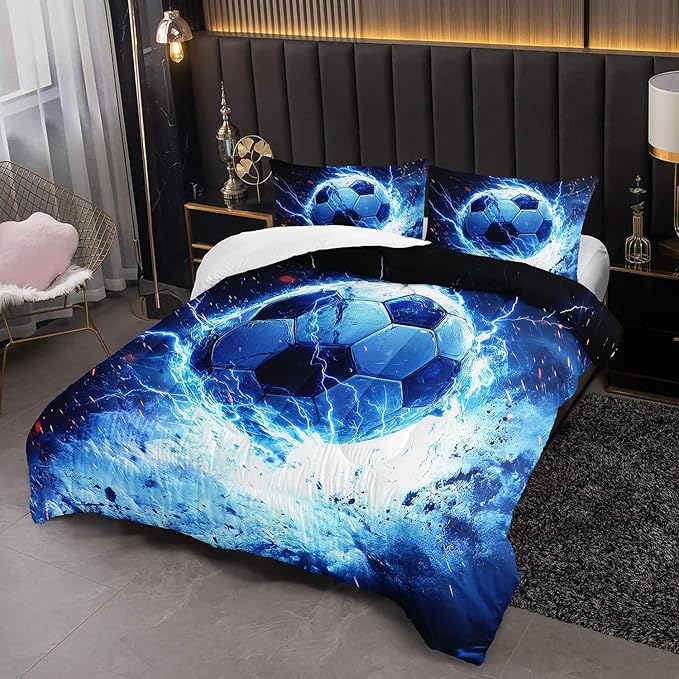 Soccer Print Comforter 3Pcs Queen Ball Sport Football Bedding Set for Kid Teen Girl Boy Adult Sports Games Soccer Blue Lightning Thunderstorm Quilt Room Decor with 1 Comforter and 2 Pillowcases