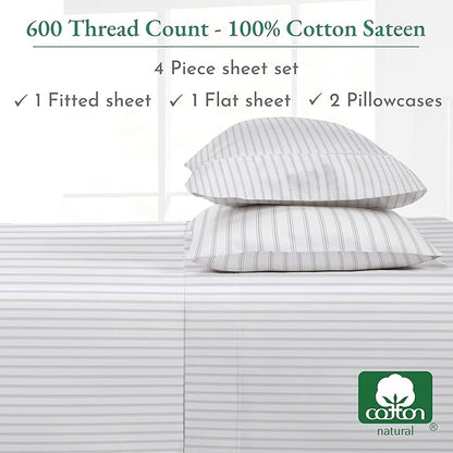 California Design Den California King Sheet Set - 100% Cotton, 600 Thread Count, Deep Pocket, Soft Sateen Premium Cal King Sheet Set - Ticking Stripe Pattern