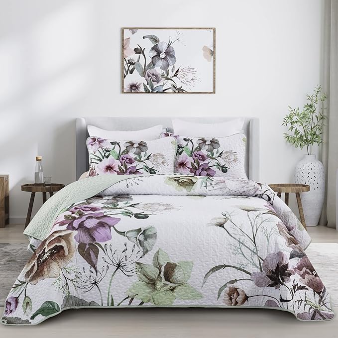 Floral Quilt Set King 3 Pieces Boho Green Quilt Coverlet Set Soft Microfiber Lightweight Green Floral Quilted Bedspread for All Season 104"x90"