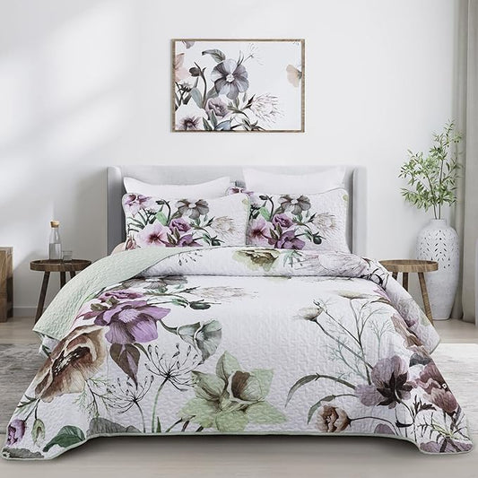Floral Quilt Set King 3 Pieces Boho Green Quilt Coverlet Set Soft Microfiber Lightweight Green Floral Quilted Bedspread for All Season 104"x90"