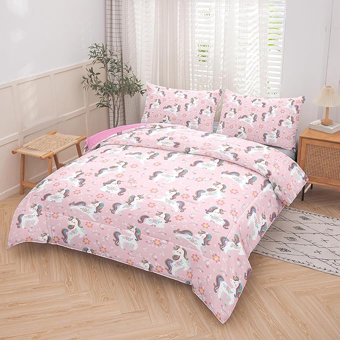 Peopleareok Girls Unicorn Comforter Set Full(79x90 Inch), 3 Piece Cute Pink Purple Unicorn Print Comforter with 2 Pillowcases, Kids Cartoon Kawaii Comforter for Girls Bedroom Decor All Season