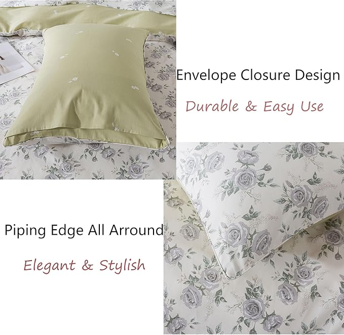 FADFAY Rose Duvet Cover Set Queen Rustic Peony Floral Bedding Vintage Botanical Quilt Cover Set Shabby Farmhouse Bedding 100% Cotton Soft Comforter Cover with Hidden Zipper Closure 3Pcs, Queen Size