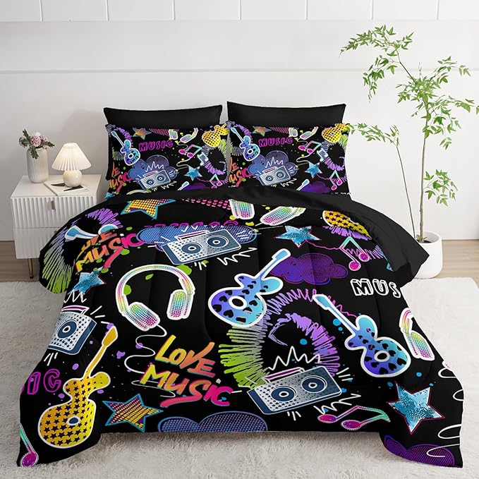Colorful Guitar Comforter 7Pcs Musical Note Headphone Radio Star Bedding Set for Kid Teen Girl Boy Adult Cartoon Rock Music Quilt Bed Set Twin with 2 Sheets,2 Pillowcases,2 Throw Pillow Covers