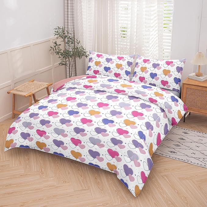 Peopleareok Pink Heart Comforter Sets Full (79x90 Inch), 3 Piece Cute Pink Purple Heart Print Comforter with 2 Pillowcases, Ultral Soft Microfiber Kids Bed Set for Girls Bedroom Decor All Season