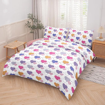 Peopleareok Pink Heart Comforter Sets Full (79x90 Inch), 3 Piece Cute Pink Purple Heart Print Comforter with 2 Pillowcases, Ultral Soft Microfiber Kids Bed Set for Girls Bedroom Decor All Season