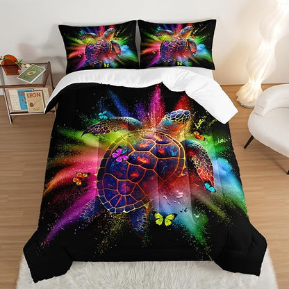 HOSIMA Watercolor Sea Turtle Comforter Set Queen Size,Tie Dye Ocean Turtle Butterfly Bedding Set,Marine Life Theme Queen Size Comforter for Kids Room Decor with 2 Pillowcases.