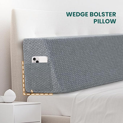 Wedge Bolster Pillow - Ergonomic Memory Foam Reading & Gaming Pillow for Back, Neck, Hip Pain Relief - Removable Washable Cover for Bed, Couch, Floor, Gray Queen Size(60"x9"x12")