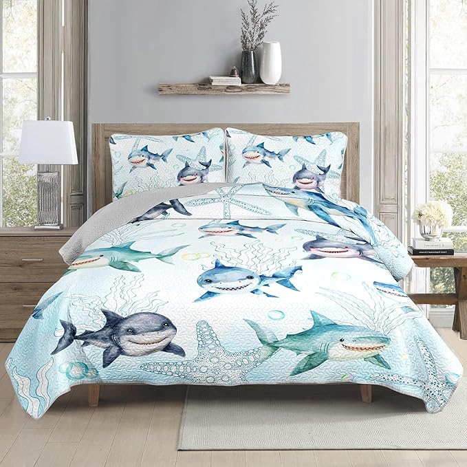 Ocean Blue Shark Quilts Bedding Set Full Size for Boys Girls Adult 3Pcs Shark Starfish Quilt Bed Set All Season Seaweed Bedspreads Coverlet with 1 Quilt and 2 Pillowcases for Room Decor