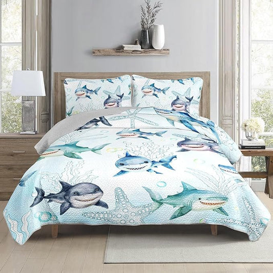 Ocean Blue Shark Quilts Bedding Set Full Size for Boys Girls Adult 3Pcs Shark Starfish Quilt Bed Set All Season Seaweed Bedspreads Coverlet with 1 Quilt and 2 Pillowcases for Room Decor