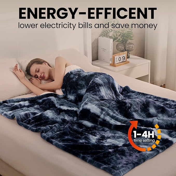 Electric Heated Throw Blanket 62"x84",Luxury Blue Twin Faux Rabbit Fur Electric Blanket,Fast Heating Soft Fluffy Thick Electric Blanket with 6 Heating Levels & 12H Auto Off