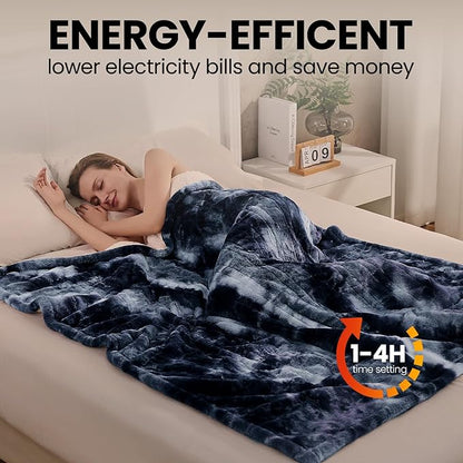 Electric Heated Throw Blanket 62"x84",Luxury Blue Twin Faux Rabbit Fur Electric Blanket,Fast Heating Soft Fluffy Thick Electric Blanket with 6 Heating Levels & 12H Auto Off