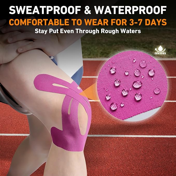 PreCut Kinesiology Tape for Knees, 24PCS Waterproof KTQUICK Knee Tape for Knee Pain Relief Pre Cut, Original Cotton Athletic Knee Tape, Waterproof & Hypoallergenic Latex-Free for Sports (Pink)