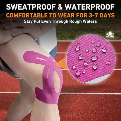 PreCut Kinesiology Tape for Knees, 24PCS Waterproof KTQUICK Knee Tape for Knee Pain Relief Pre Cut, Original Cotton Athletic Knee Tape, Waterproof & Hypoallergenic Latex-Free for Sports (Pink)