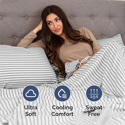 Cal King Sheets Set 6 Piece - Includes 4 Pillowcases - Bed Sheets Cal King Size - Soft Hotel Luxury Bedding - Cooling & Breathable - 1 Flat & 1 Fitted & 4 Pillowcases w/ Deep Pockets - Grey Stripes