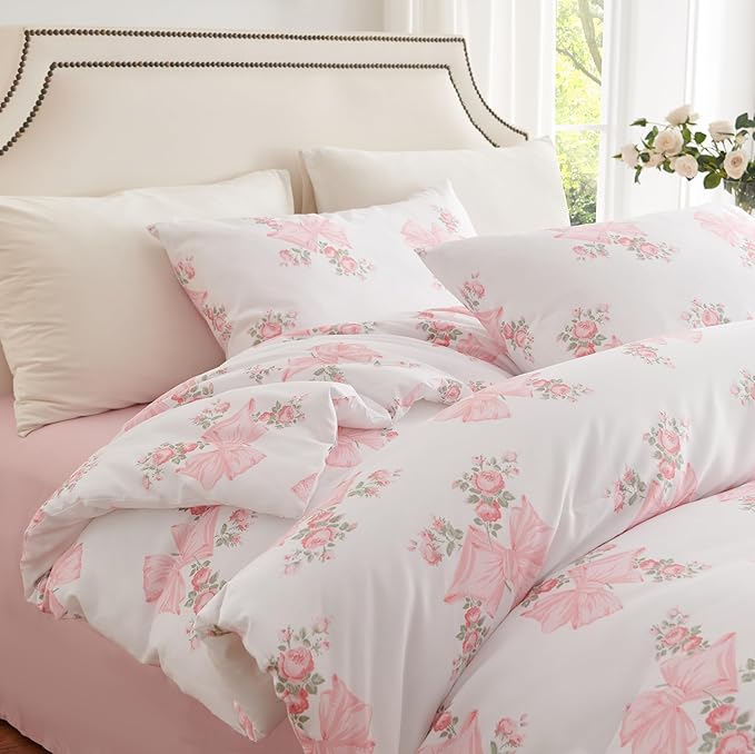 Pink Bow Duvet Cover Queen Size Floral Bowknot Bedding Set 3 Pieces Kids Boys Girls Vintage Green Botanical Coquette Princess Style Garden Reversible Duvet Cover Set with 2 Pillowcases