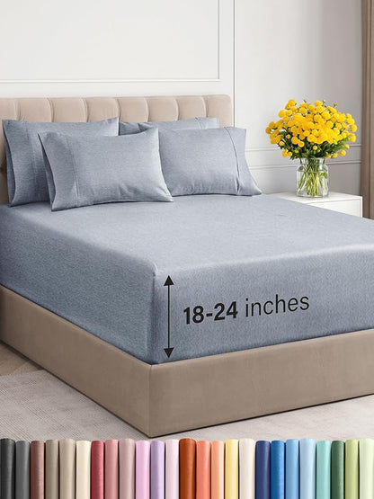 Extra Deep Cal King Sheet Set - 6 Piece Breathable & Cooling Sheets - Hotel Luxury Bed Sheets Set - Easy Fit - Soft, Wrinkle Free & Comfy Sheets Set - Heathered Blue Sheet Set w/Extra Deep Pockets