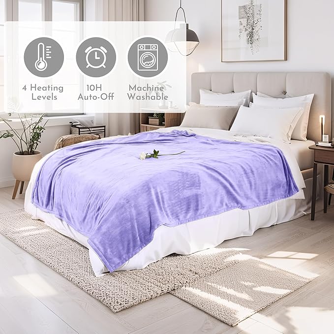 Electric Heated Blanket 84"x90" Queen Size Microplush Cover Blanket, 4 Heat Settings & 10 Hours Auto Off, Cozy & Warm for All Night, Machine Washable, Light Purple