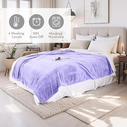 Electric Heated Blanket 84"x90" Queen Size Microplush Cover Blanket, 4 Heat Settings & 10 Hours Auto Off, Cozy & Warm for All Night, Machine Washable, Light Purple