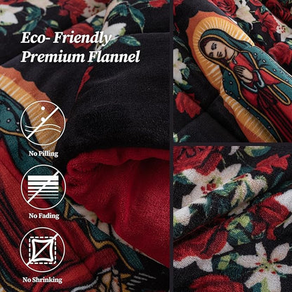 Petrichor Virgin Mary Guadalupe Velvet Flannel Queen Comforter Set-Luxury Fuzzy Heavy Bedding Set,3 Pieces Plush Winter Bed Set with Comforter (90"x90") & 2 Pillow Shams (20"x26")