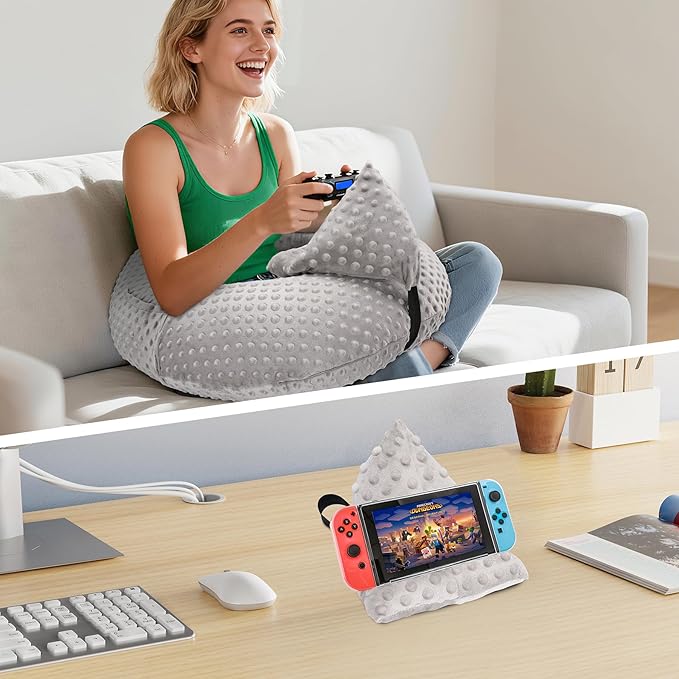 Crochet Lap Support Pillow - Multi-Purpose Reading Pillow for Gaming/Working/Nursing, with Removable Extra Back Pillow for Lumbar & Back Support, Enlarged U-Shape Gaming Lap Pillow, Grey