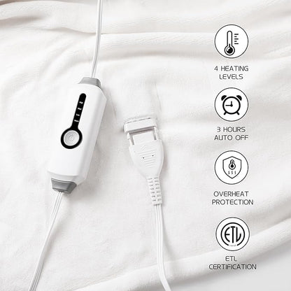 Electric Heated Blanket 50"x60" Throw Size, Soft Coral Fleece with 4 Heating Levels and 3 Hours Auto-Off, Machine Washable, Cozy Plush Fabric for Home, White