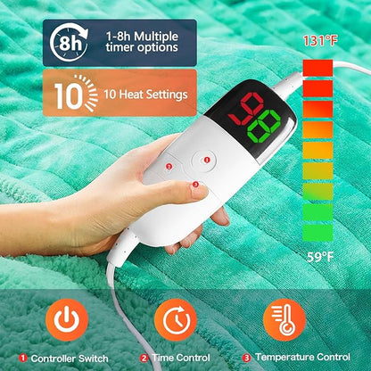 greenoak Heated Electric Blanket Throw, Faux Fur Sherpa Heating Blanket for Sofa Bed, Warm Winter Gifts for Women/Her, Heater Lap Blankets 5-Position Timer &10 Heating Levels 84''*90" Aqua