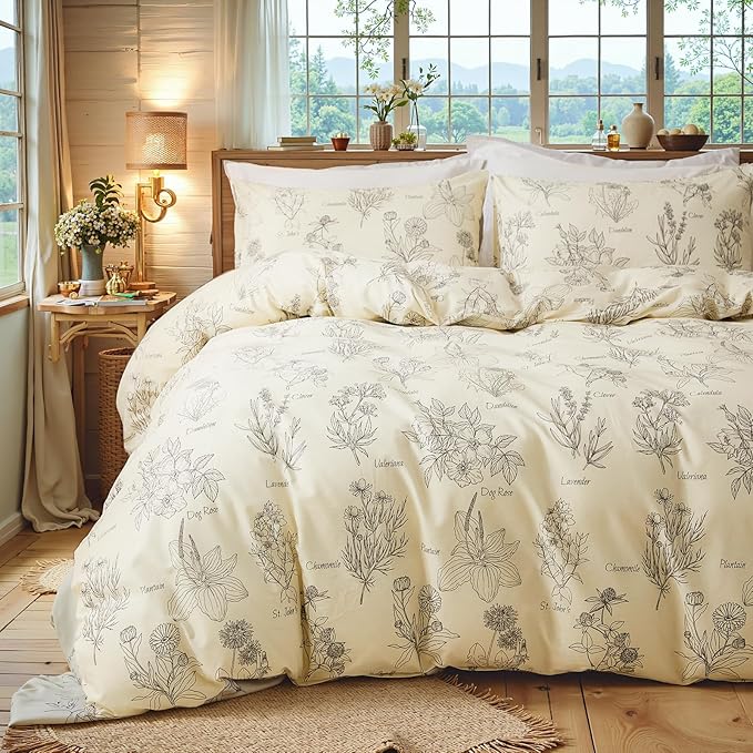 Cozeline 100% Cotton Duvet Cover King Size, Vintage Design with Luxrious Black Sketched Flowers & Leaves on Cream, 3 Pcs Breathable and Soft Duvet Cover for All Season