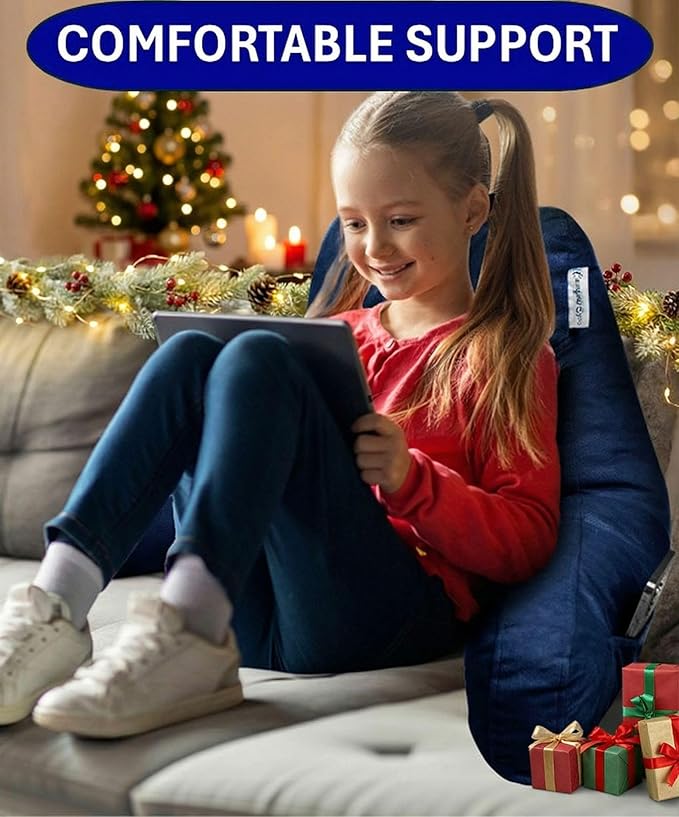 ComfortSpa Reading Pillow for Kids Teens Adult, Back Rest Pillow with Arms, Pockets, Washable Cover; Use as Back Pillow for Bed Sitting Up for Bedrest, Relief from GERD Heartburn (Standard Blue)