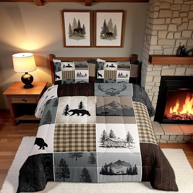 Bear Deer Comforter Set Queen Size,Brown Geometric Check Patchwork Bedding Set Wild Animals Hunt Adventure Quilted Duvet Boys Girls Men Teens Bedroom Decor Rustic Country Cabin Duvet Insert 3pcs