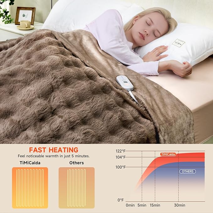 Heated Blanket Electric Queen- 84"x90" Soft Thick Bubble Electric Blanket for Sofa with 5 Heat Levels & 10 Hours Auto-Off Overheat Protection, Warm Cozy Gifts, Beige