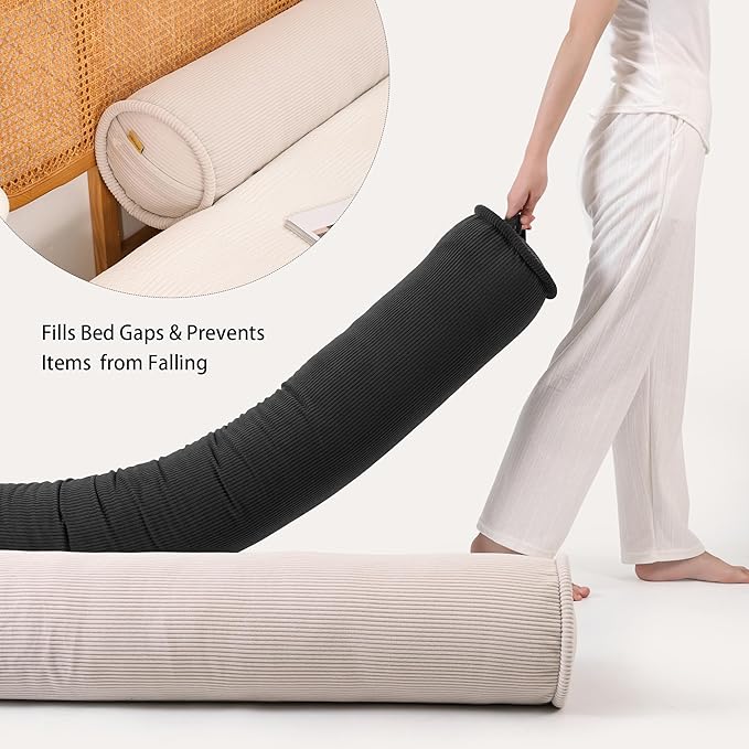 Long Round Body Pillow for Adults – Corduroy Cervical Roll Bolster Pillow, Firm Support for Spine Alignment & Side Sleeping,59 x 7.87 Inches,Beige Gray