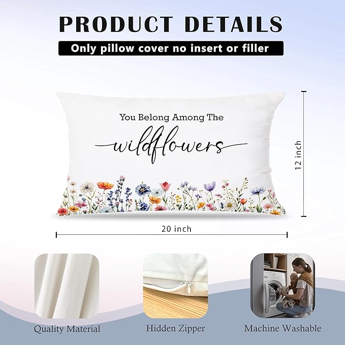 Inspirational Spring Wildflower Pillow Covers 12x20 Set of 2, Hello Bloom Floral Decorative Lumbar Pillow Covers for Baby Girls Nursery Room Bedroom Dorm