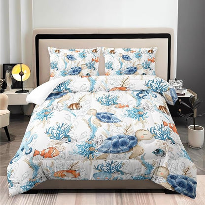 Blue Sea Turtle Themed Comforter 3Pcs Full Wild Ocean Animal Tortoise Fish Bedding Set for Kid Teen Girl Boy Adult Coral Clownfish Octopus Quilt Bed Decor with 1 Comforter and 2 Pillowcases