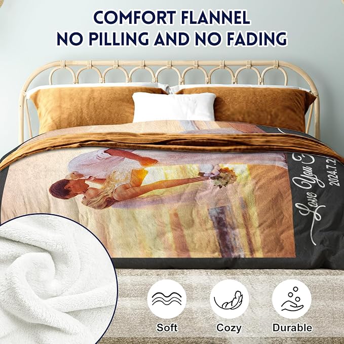 Yoke Style Ships Next Day, Custom Blanket with Photos Text, Picture Blankets Customized for Couple Gifts, Personalized Blankets and Throws Birthday Gift for Mom Dad Girlfriend Boyfriend Women Men