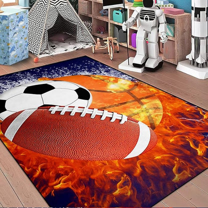 Sports Rugs for Boys Bedroom - Football & Soccer, Baseball,Basketball Rug for Boys Bedroom Sports Themed Water Flame Design Kids Carpet for Playroom Living Room Floor Mats, 4x5 Feet