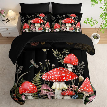 Red Mushroom Kawaii Comforter Set 7Pcs Kids Mushroom Dragonfly Bedding Set for Boy Girl Adult Botanical Plant Theme Printed Quilt Bed Set Full with 2 Sheets,2 Pillowcases,2 Throw Pillow Covers