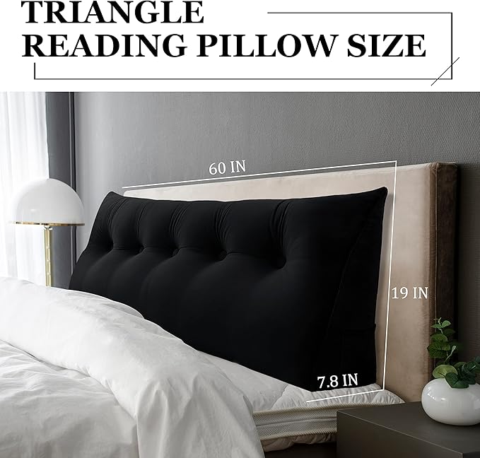 11 lbs Thickened Queen Headboard Pillow for Sitting Up in Bed, Back Support Reading Pillow with Side Pocket and Velvet Removable Cover, Triangular Large Wedge Headboard Pillow