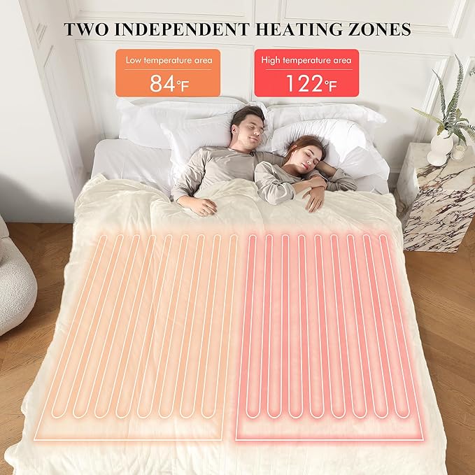 Electric Blanket Queen Size, Super Soft Cozy Upgraded Flannel Blanket Dual Control with 5 Heating Levels & 10 Hours Auto Off, Fast Heating Blanket & Overheat Protection, 84" x 90", White