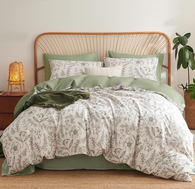 Floral Duvet Cover Full Size Sage Green Botanical Duvet Cover Set 3 Pcs for Kids Boys Girls Spring Garden Aesthetic Leaves Soft Breathable Bedding Set with 2 Pillowcases
