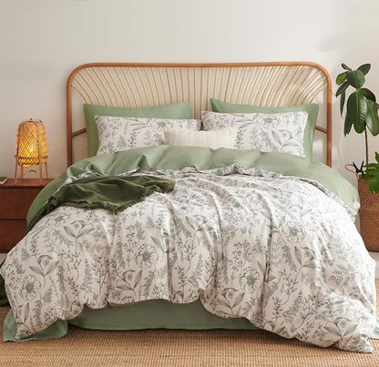 Floral Duvet Cover King Size Sage Green Flower Botanical Duvet Cover Set 3 Pcs for Kids Boys Girls Spring Garden Aesthetic Leaves Soft Breathable Bedding Set with 2 Pillowcases