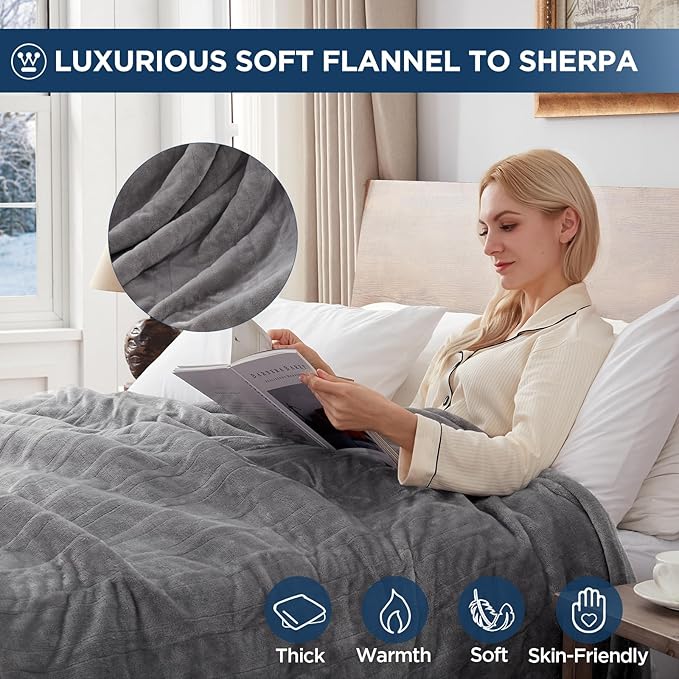 Westinghouse Electric Blanket King Size, Super Cozy Soft Flannel 100"" x 90"" Heated Blanket with 10 Fast Heating Levels & 1-12 Auto-Off, Machine Washable, ETL&FCC Certification, Light Grey